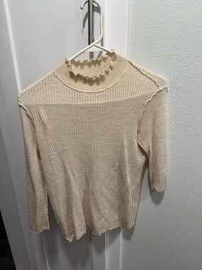 Cream Lightweight Knit Ruffle Mock Neck Sweater